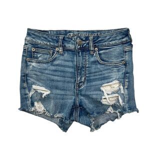 American Eagle Jean Shorts Womens Size 4 Blue High Rise Shortie Distressed Denim
